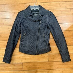 Black Guess vegan leather (likely polyurethane) jacket. Sz XS Quilted vintage